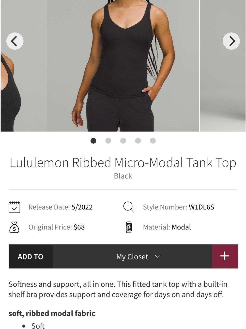 lululemon Ribbed Micro-Modal Tank Top - Black size 12